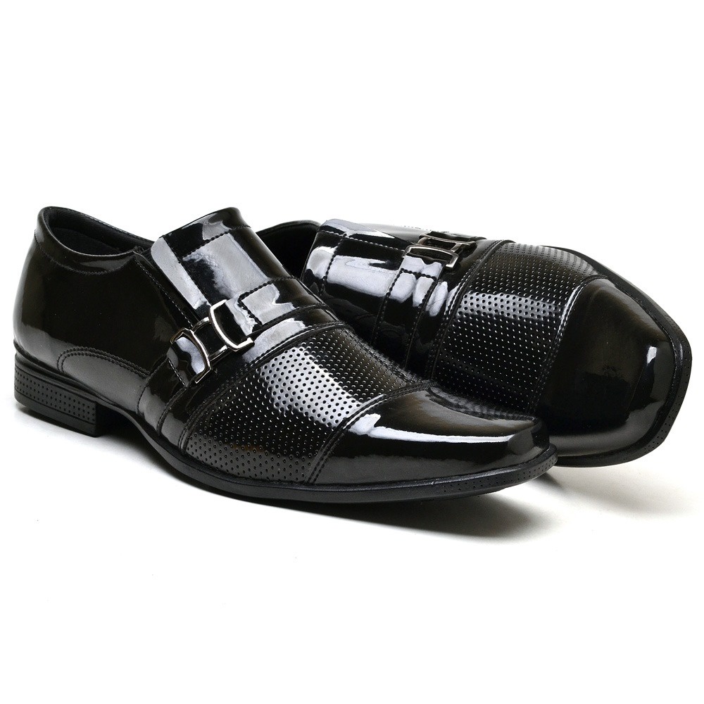 Sapato Social Masculino Verniz Preto e Branco Confortável com Sola Borracha