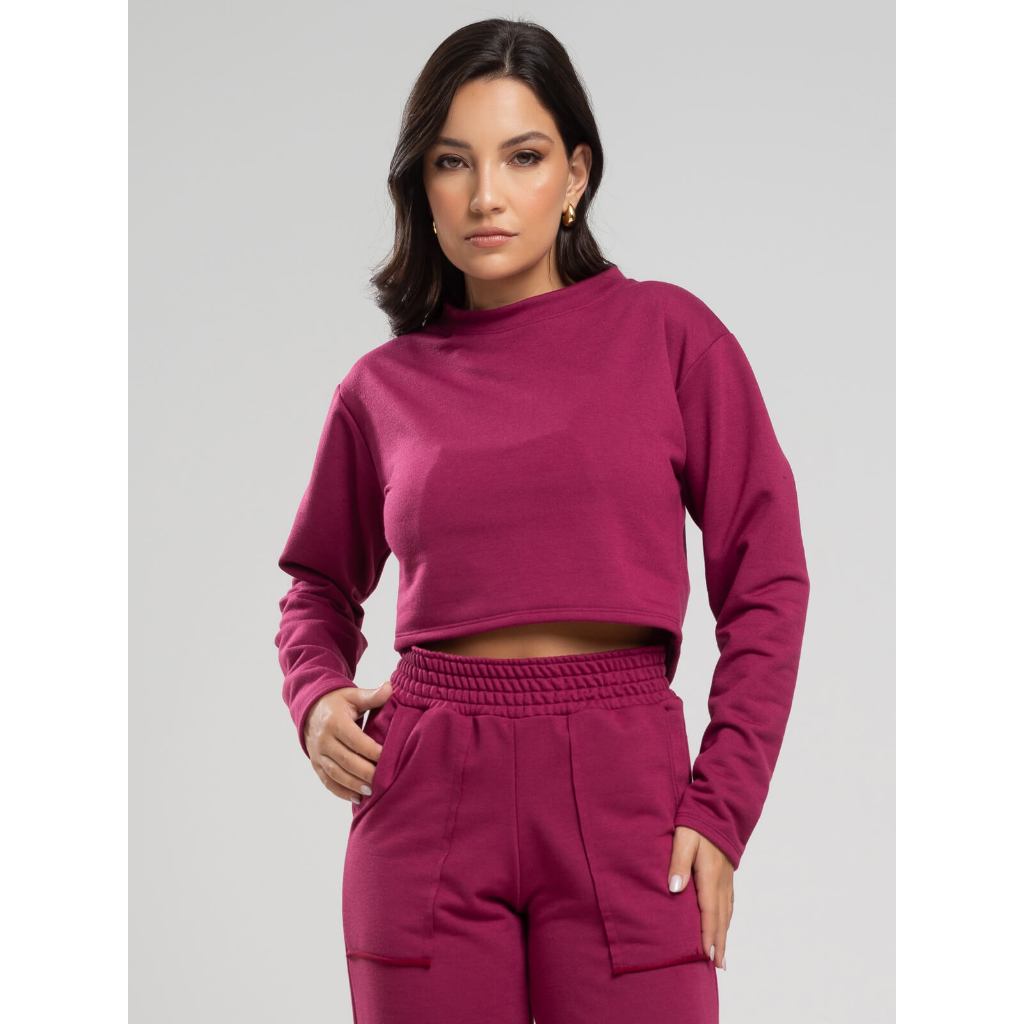 Casaco Cropped Feminino Manga Longa Comprida Moletinho Inverno Roupa Casual