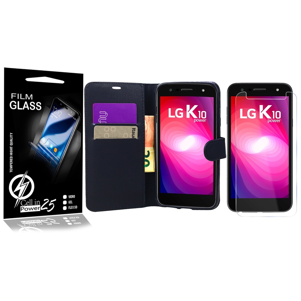 Capa Case Flip Carteira + 2 Películas Vidro LG K10 Power LGM320 – Cell In Power25