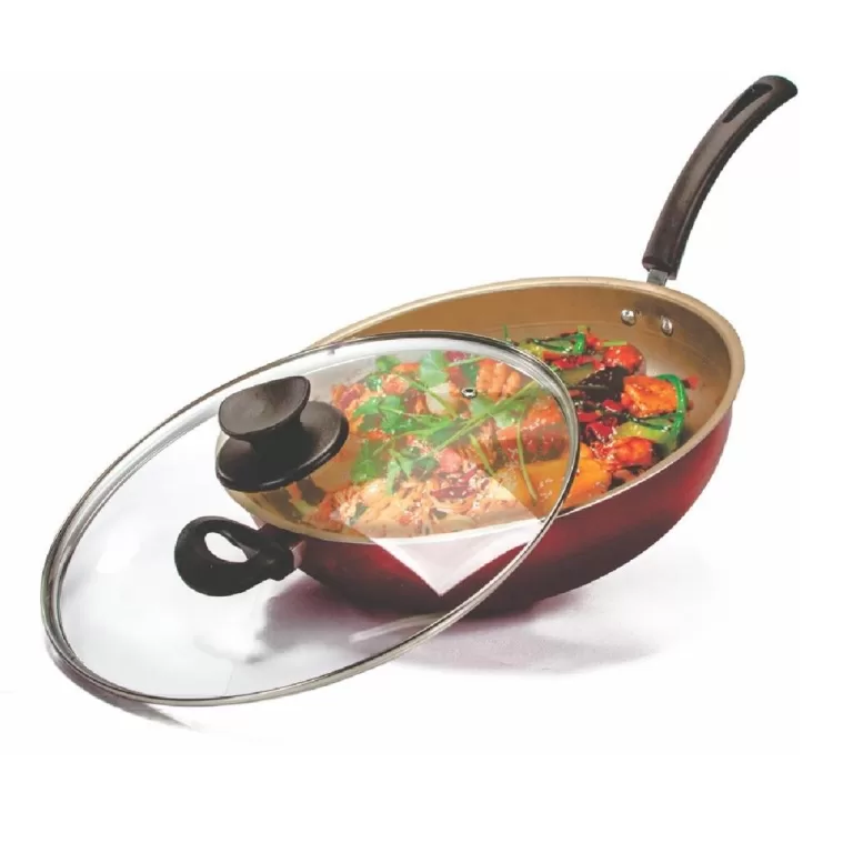 Frigideira Antiaderente Wok Funda C/ Tampa de Vidr