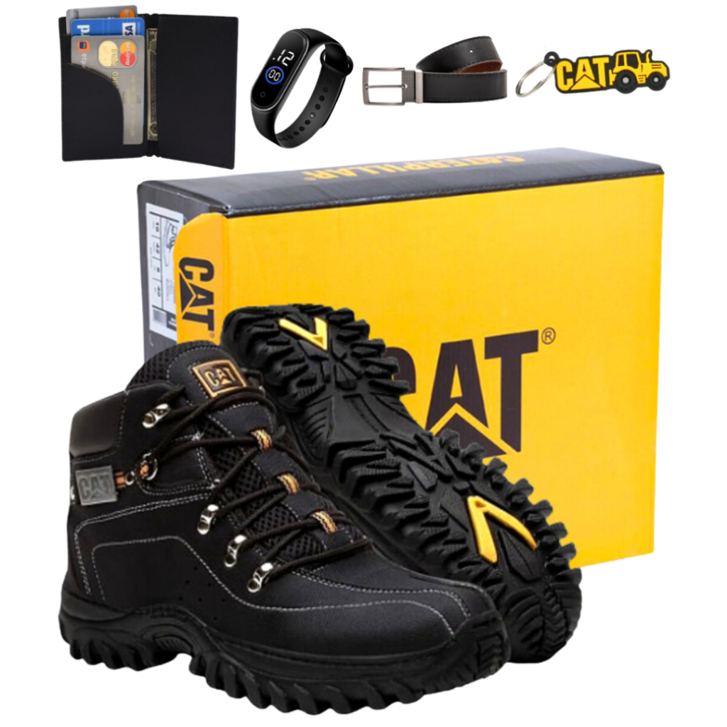 Bota Masculina Caterpillar Em Couro Resistente + Carteira + Relogio + Cinto
