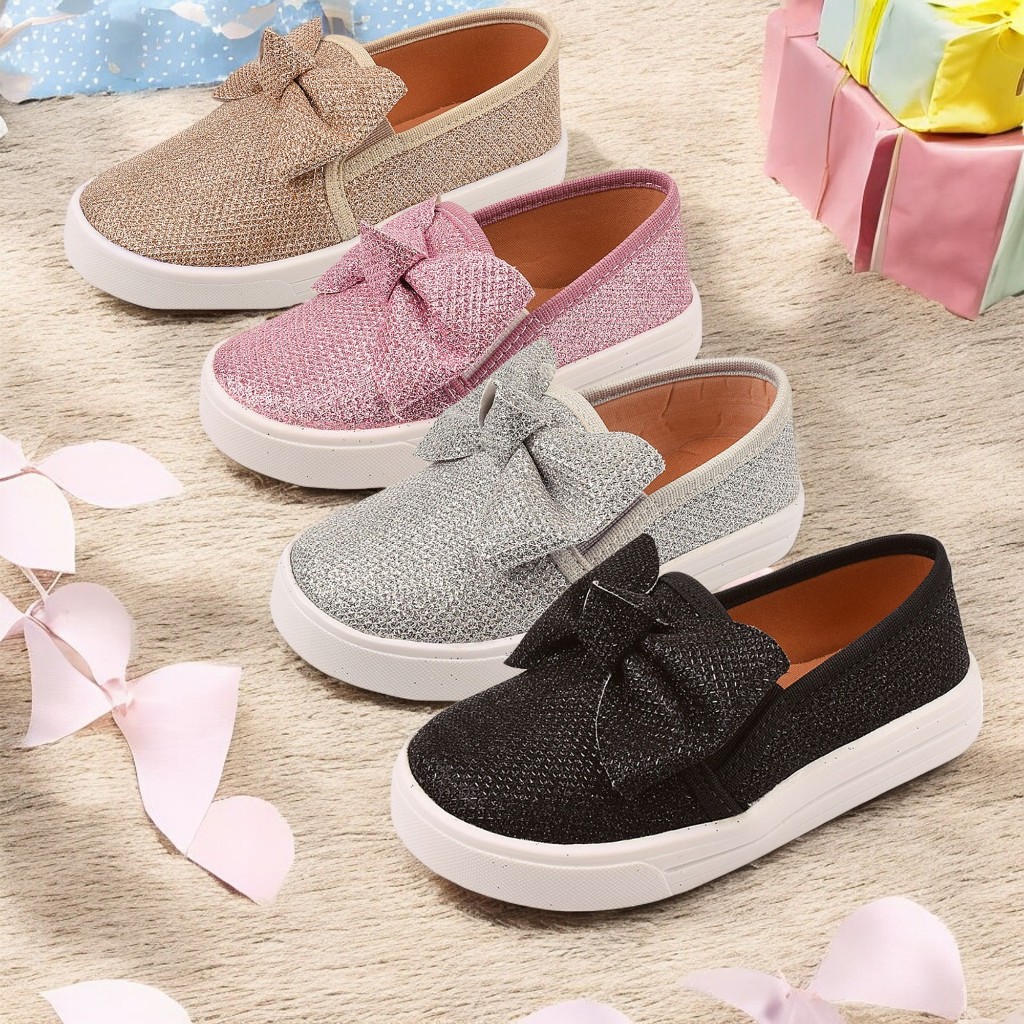 sapatilha infantil menina slip on brilho tenis infantil de menina sapato sem cadarço bebês