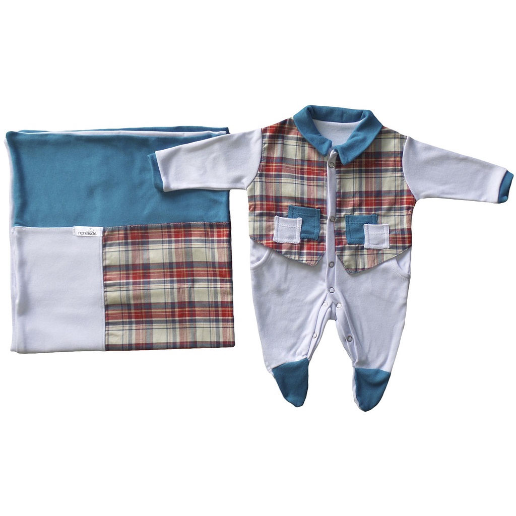 Saída Maternidade Azul e Vermelho Menino 3 peças Suedine 100% algodão