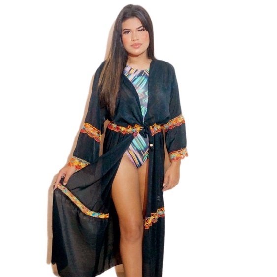 Saída De Praia Preta Longa Vestido Canga Manga Lo