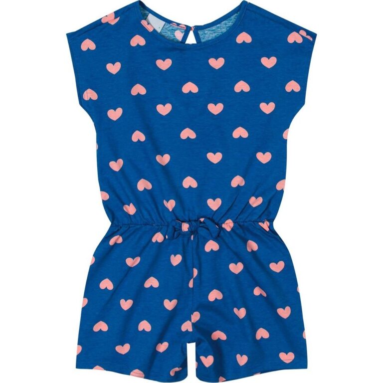 Macacão Infantil Menina Estampada Azul Corações