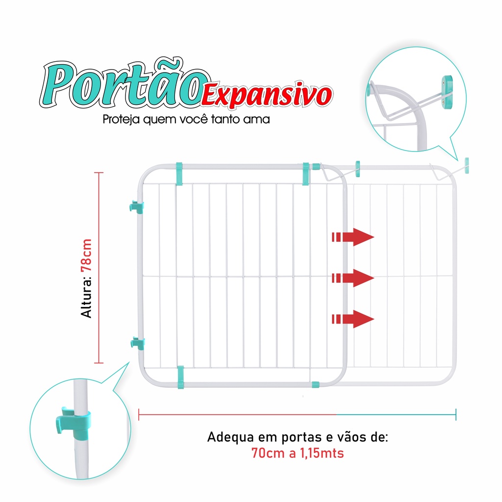 Portão Expansivo Grade Proteção Criança Pet Cachorro ( 70cm a 115cm) ( BRANCO )
