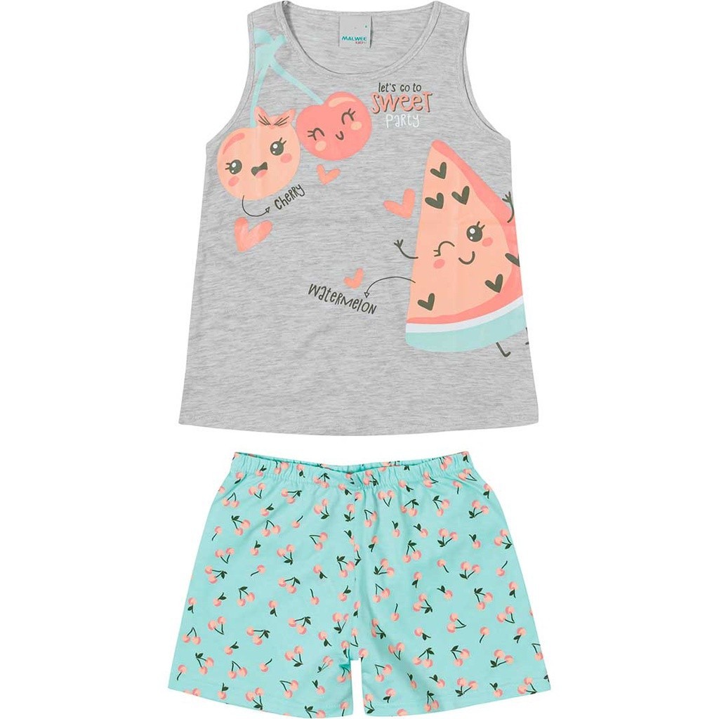 Pijama Infantil Feminino Cinza Malwee Algodão Verão Presente de Natal