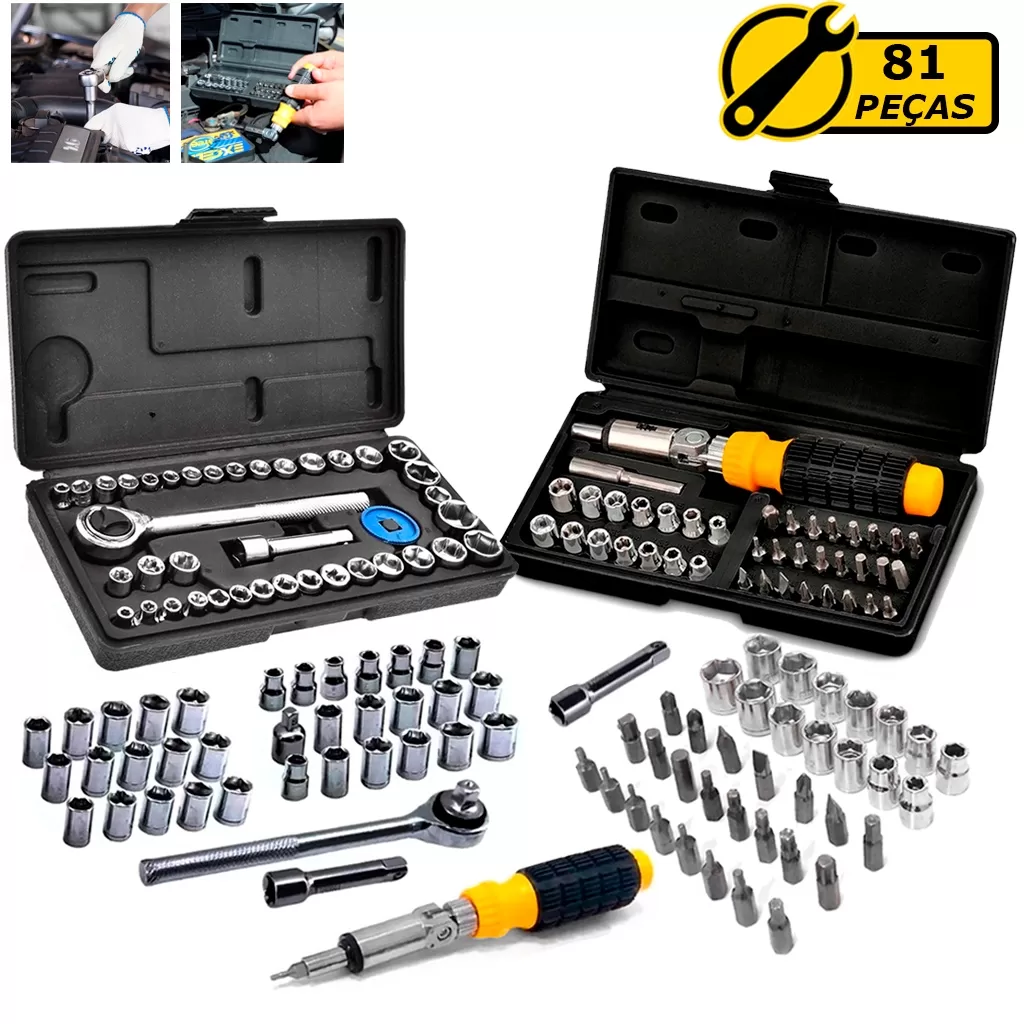 Kit Jogo Ferramentas  81 Peças Chave Catraca Reversível Soquetes Canhão Bits Aço Resistente Abrasão