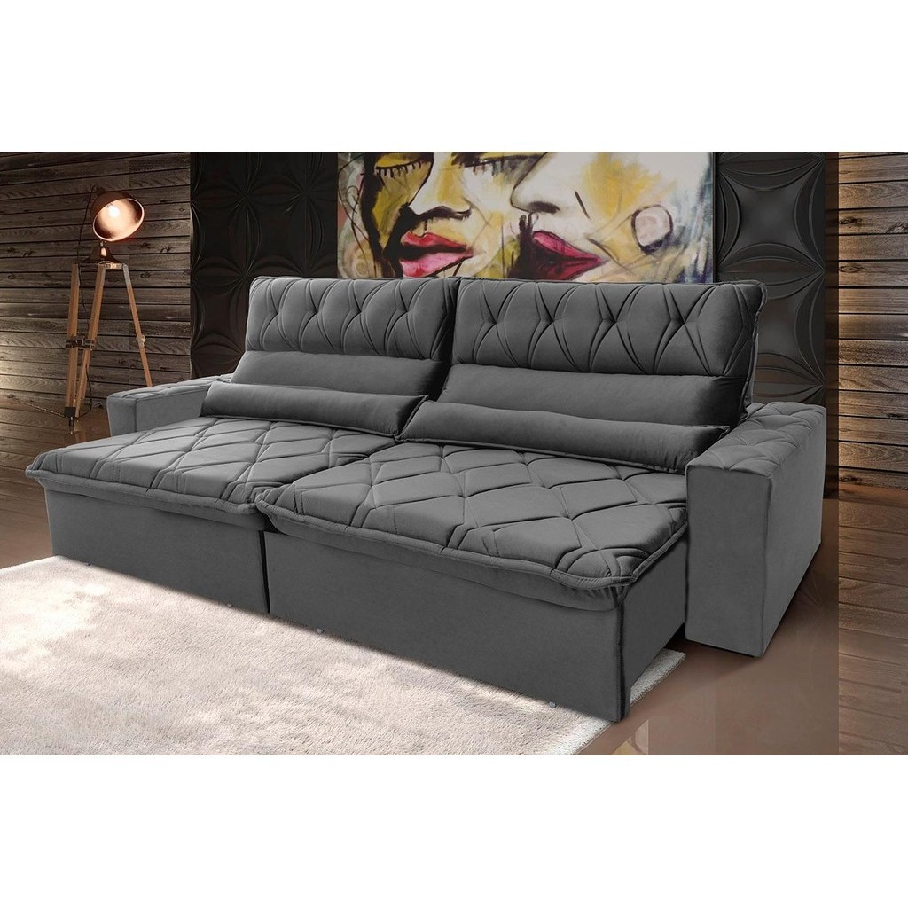 Sofá Retrátil Reclinável França 3,00m Suede Velut Cinza  Molas no Assento – King House