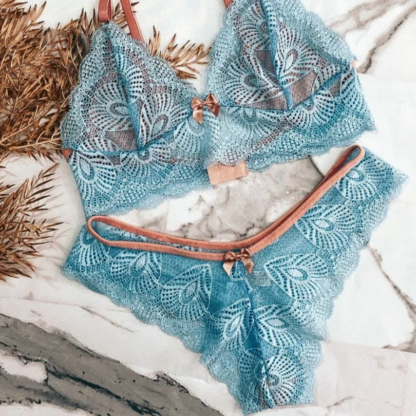 Conjunto Lingerie Calcinha e Sutiã Sexy De Renda Bicolor Gigi