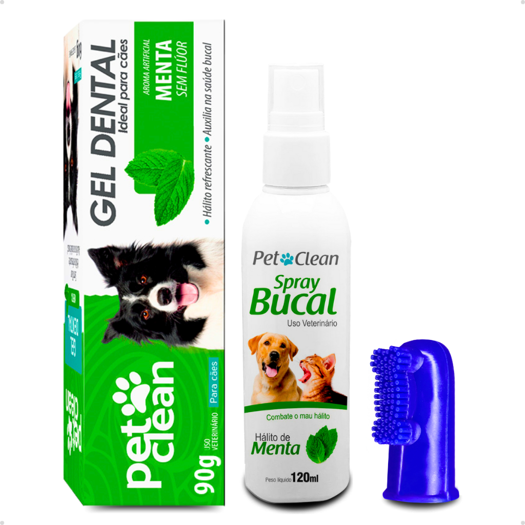 Kit Higiene Dental Pet Cachorro e Gato Gel Pasta 90g + Spray Hálito 120ml + Escova Dedeira Pet Clean