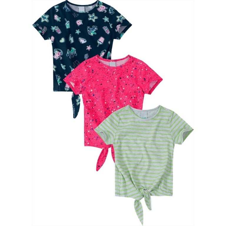 Kit 3 Blusa Infantil Menina Verão Estampada Cinza