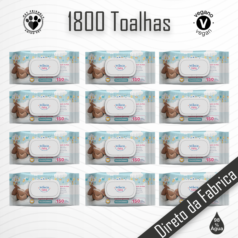Kit 12 Toalhas Umedecidas Infância Feliz 150 Folhas 98% Água com Tampa