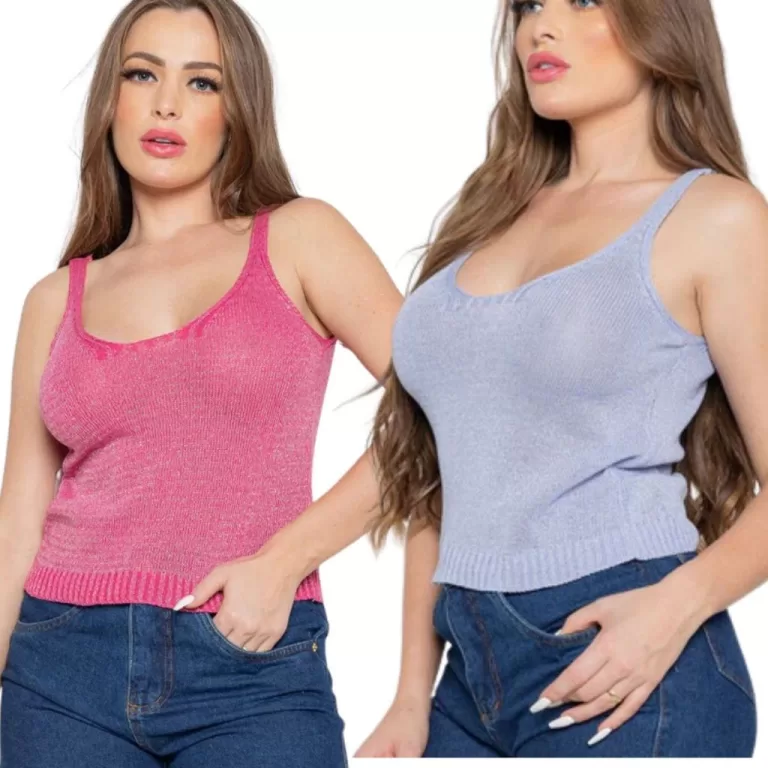 Blusa Feminina Regata Tricot Lurex Canelado Decote