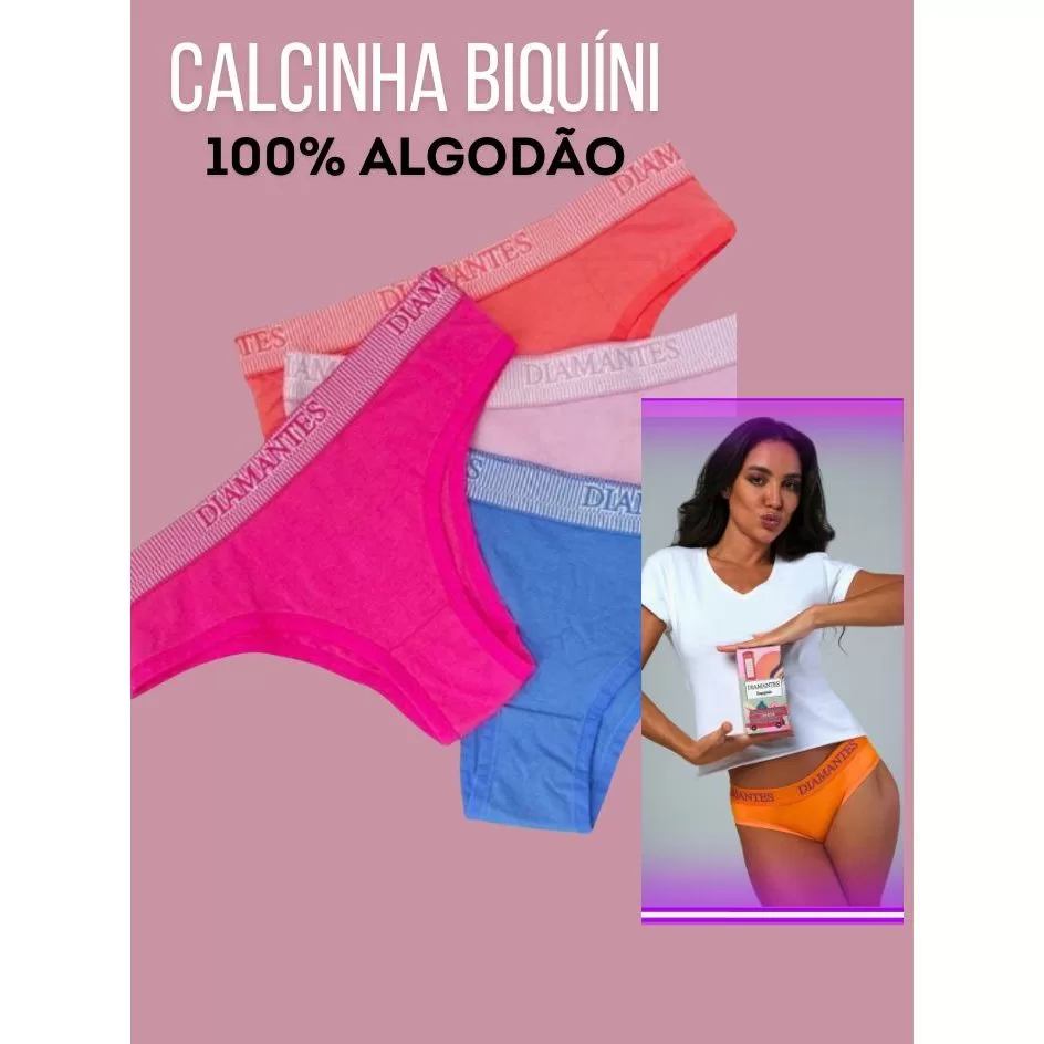 Kit 4 Calcinhas Algodão Diamantes Lingerie Puro Conforto Máximo Biquíni Cós Largo