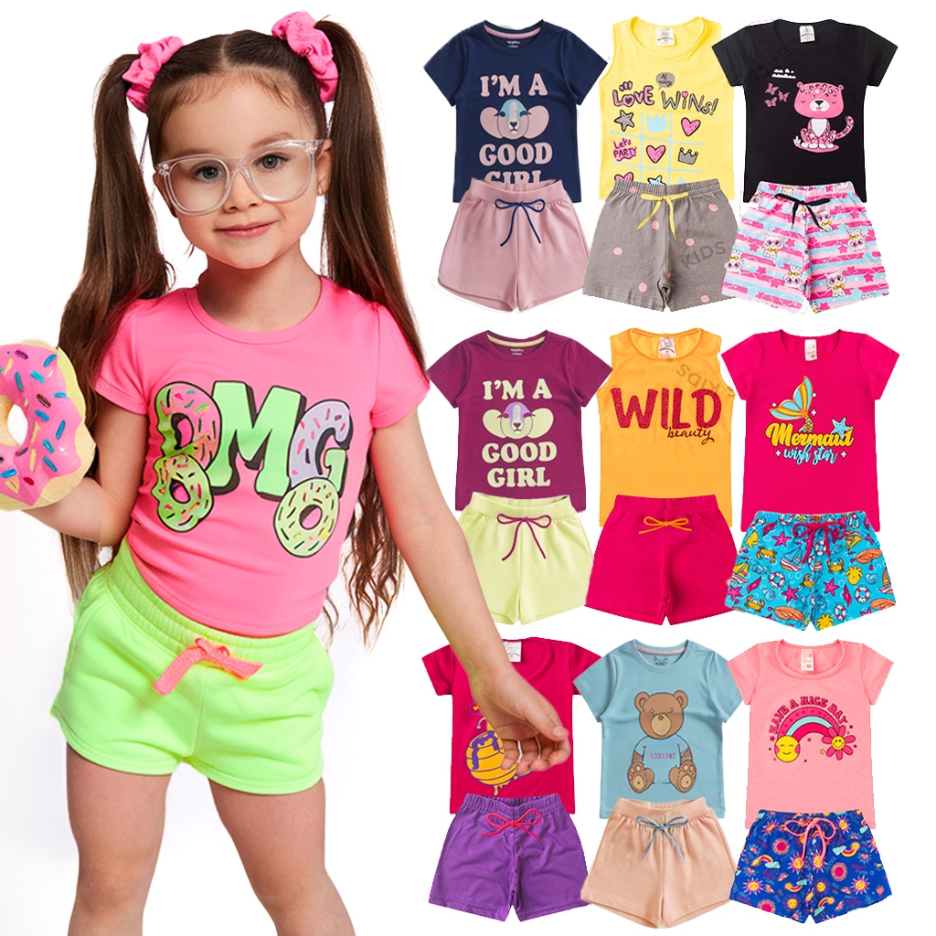 Kit de 2, 4 ou 10 Peças Roupa Infantil Menina Conjunto Verão Criança Feminino Tamanho 1 ao 14