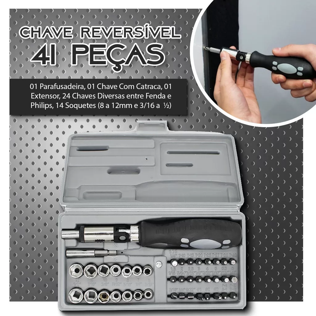 JOGO De CHAVE REVERSIVEL COM 41 PECAS COM SOQUETE PARAFUSADEIRA MANUAL