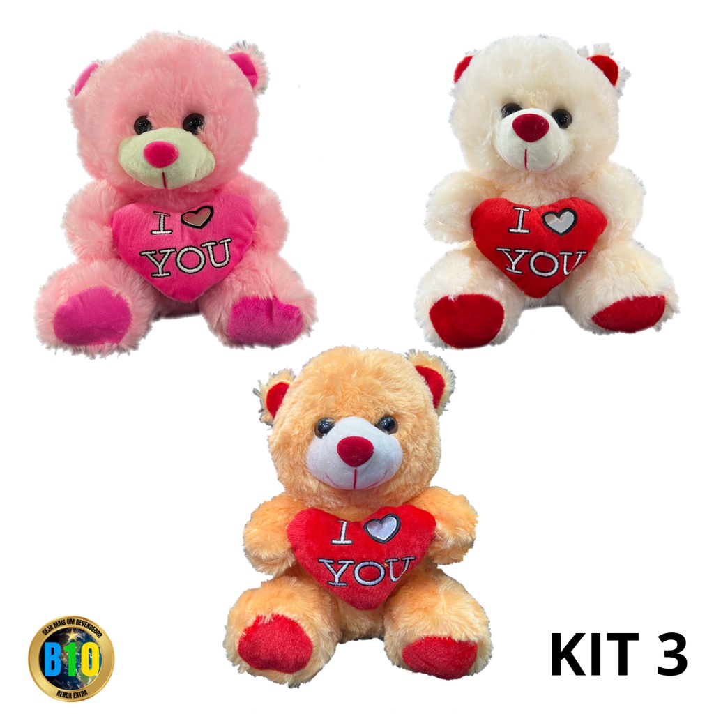 Kit c/ 3 Ursinhos 21cm  Pelúcia Macia com Coração p/ Cestas e Presentes