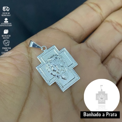 Pingente Masculino Leão De Crucifixo Banhado a Pr