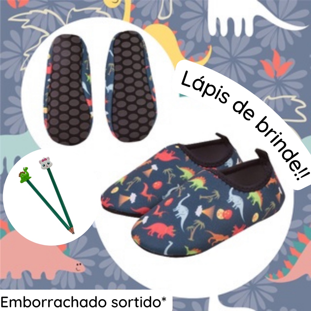 Sapatilha masculina Infantil Meia Antiderrapante Calce fácil Pantufa Chinelo Dinossauro Azul.