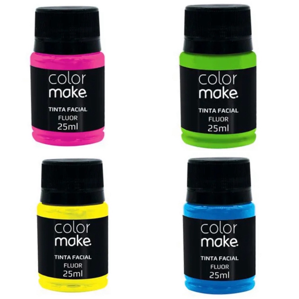 Kit Tinta Líquida Flúor 35ml Colormake C/ 4 (azul/verde/amarelo/rosa) Carnaval