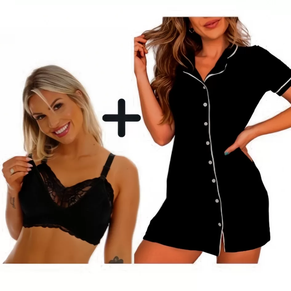 Kit Maternidade Blogueira Luxo Sutiã e Camisola Preto Malha Premium Promoçao