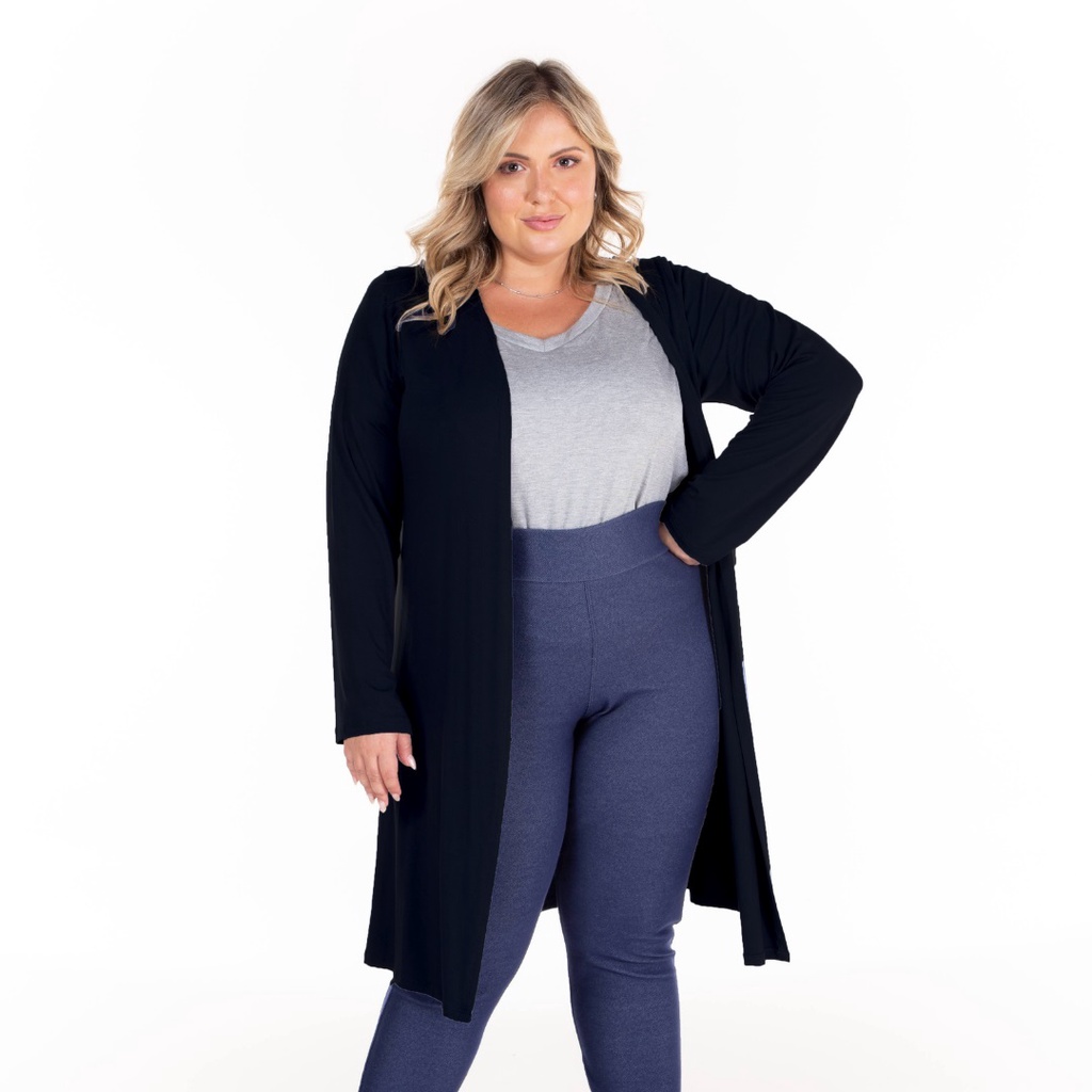 Cardigan Casaco aberto Longline Feminino Plus Size em Viscolycra Preto G ao G4  103821