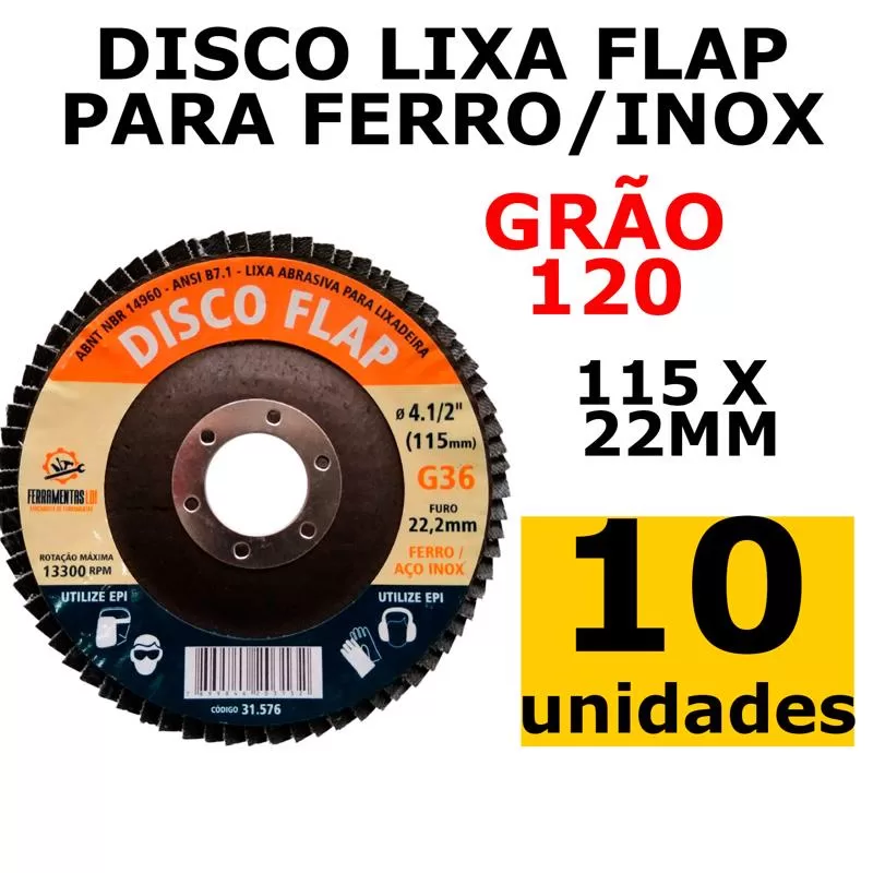 Kit C/ 10 Unidades Lixa Flap Disc Ferro/Aço Inox 115x22mm Grão 120 LDI