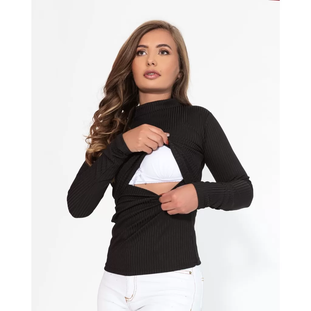 Blusa canelada manga longa amamentação