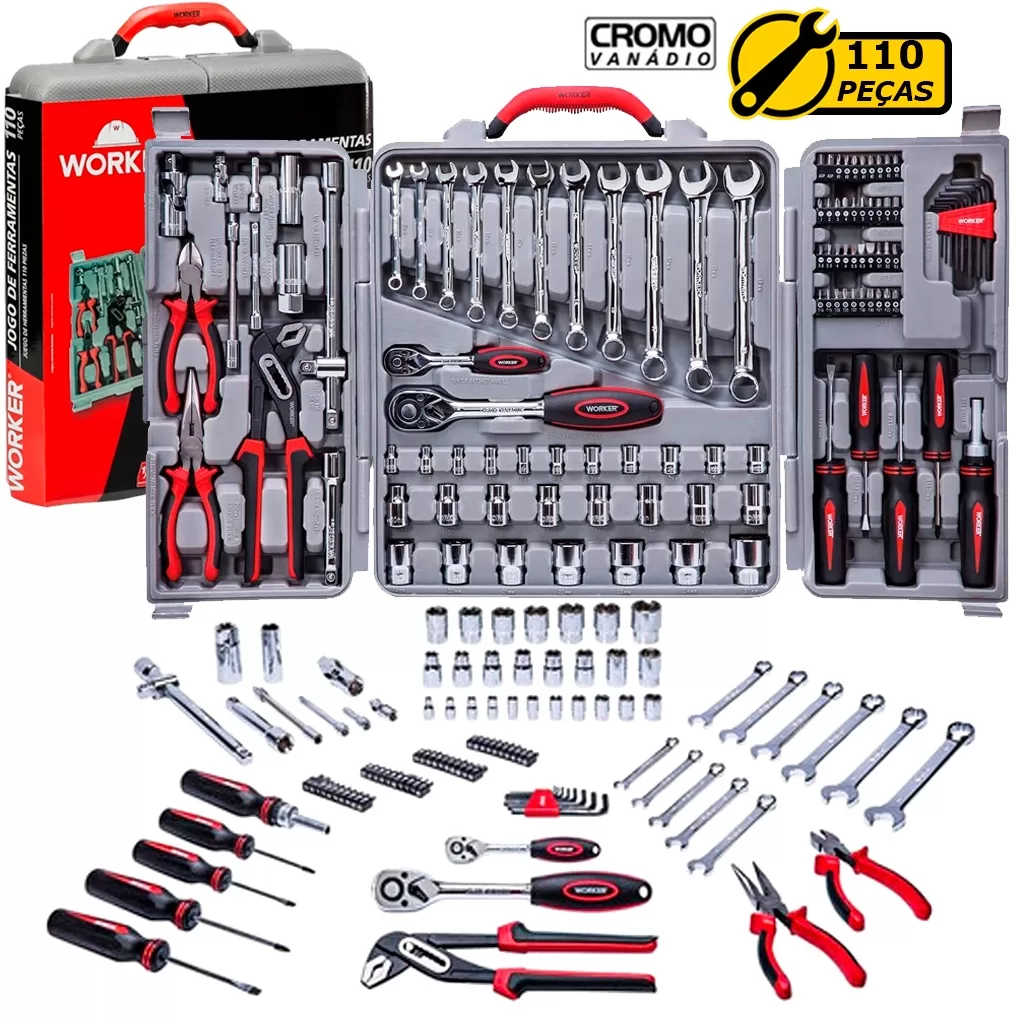 Kit Jogo De Ferramentas Manuais Cromada Aço Cromo Vanádio Cr-V Profissional 110 Pçs Maleta Original