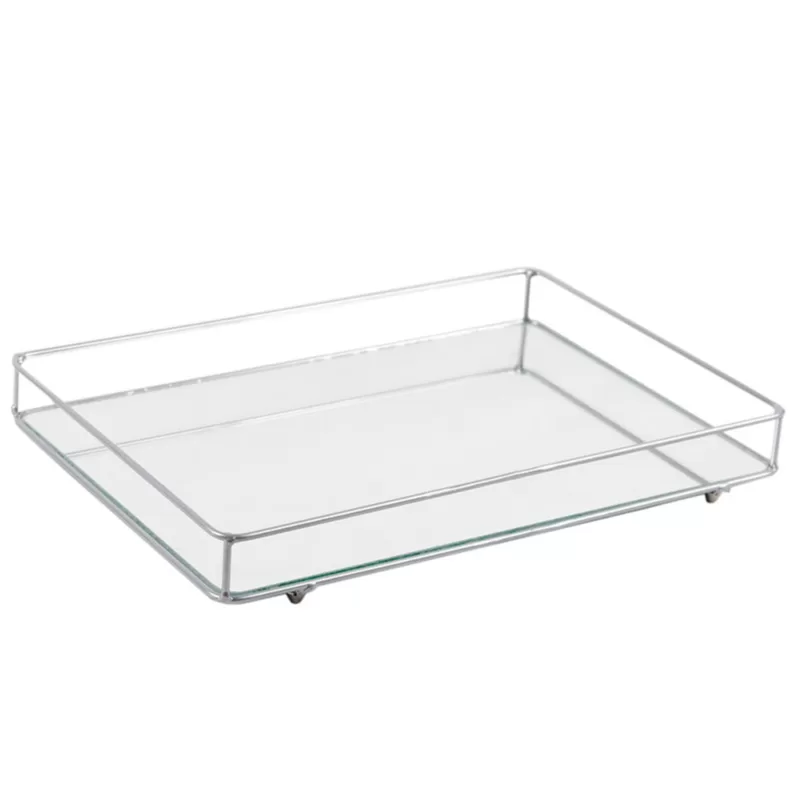 Bandeja Helô Prata Decorativa de Metal e Base de Espelho 20x30cm para Organização de Ambientes