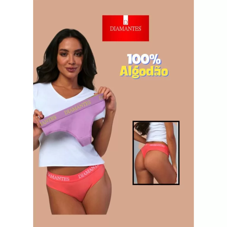 Kit 4 Calcinhas Algodão Cós Largo  Diamantes Lin