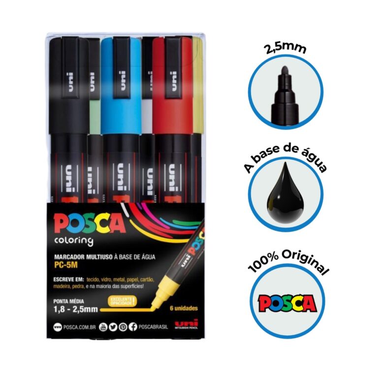 Caneta Posca Pc-5M Ponta 2,5mm 6 Cores – Uni