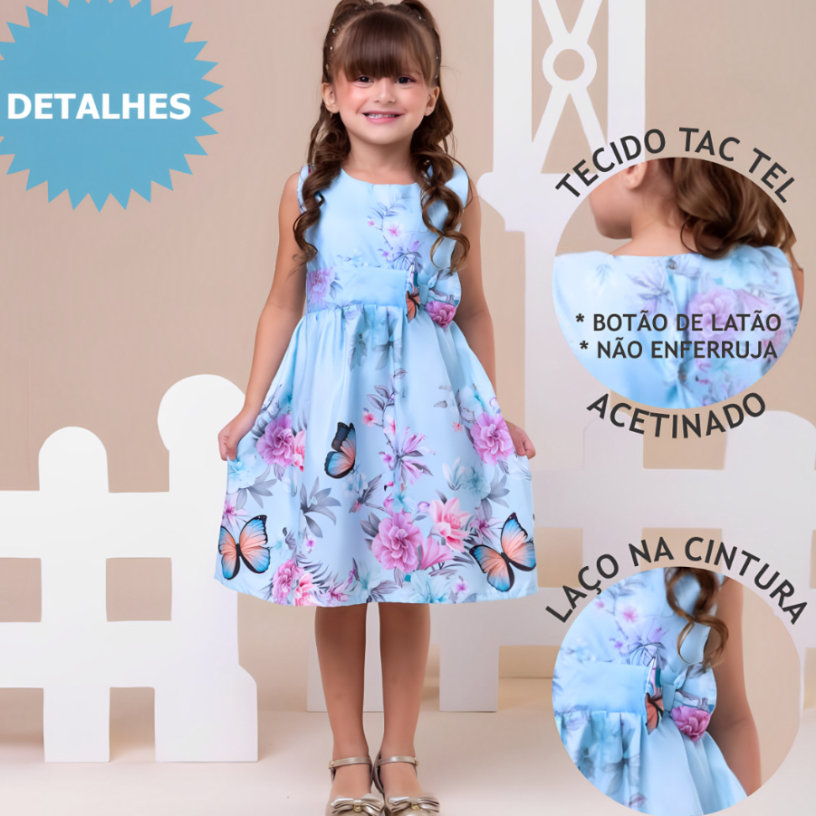 Vestido  Infantil Menina Floral Azul com Borboletas Claro Casual  festa 04 ao 12 anos