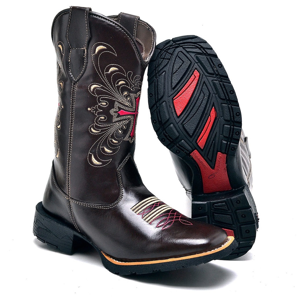 Bota Country Feminina Café Com Bordado De Cruz Rosa