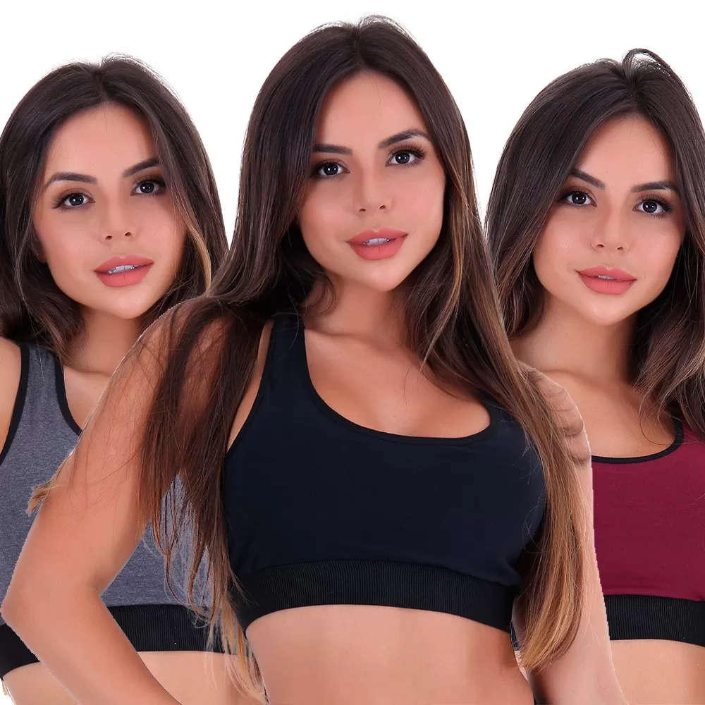 Kit 3 Top Feminino de Algodão  Sem Bojo Nadador