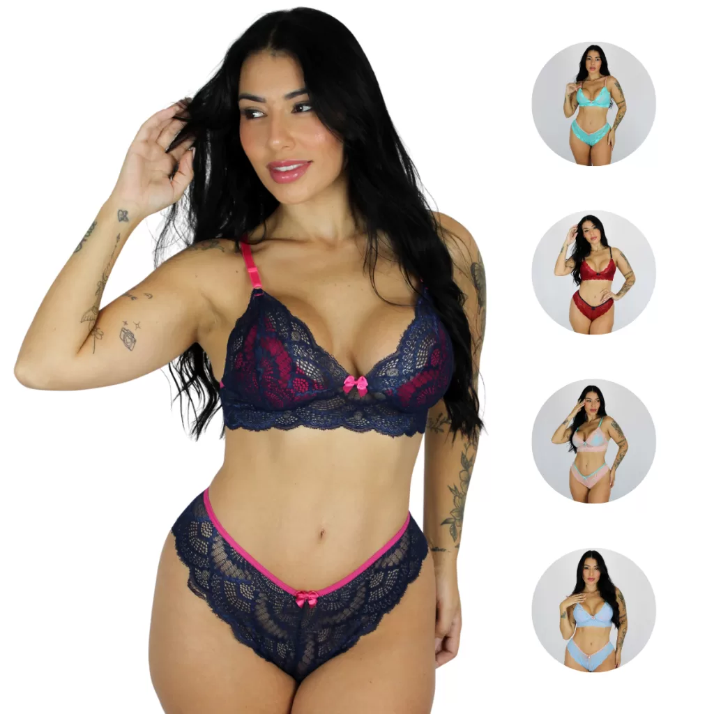 Kit 5 Conjunto Lingerie Calcinha e Sutiã Sem Bojo Renda Bicolor Gigi