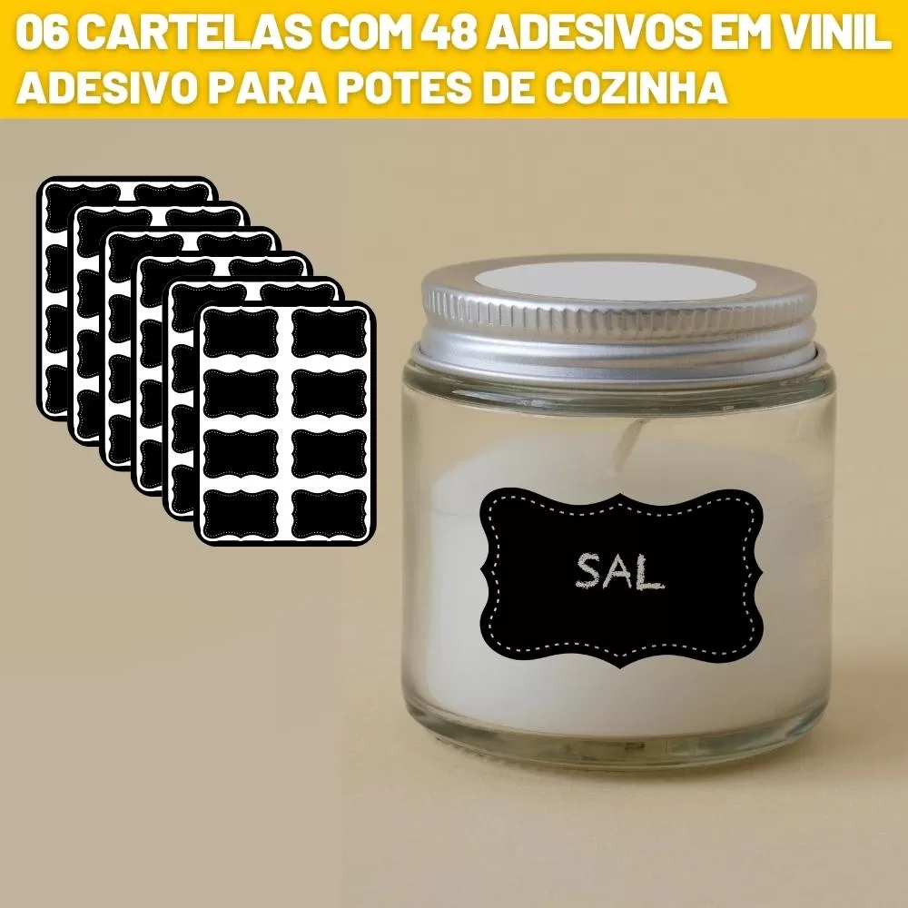Kit 6 Cartelas com 48 Etiquetas em Vinil Resistente 6 x 4 cm para Porta Condimentos Temperos Potes d
