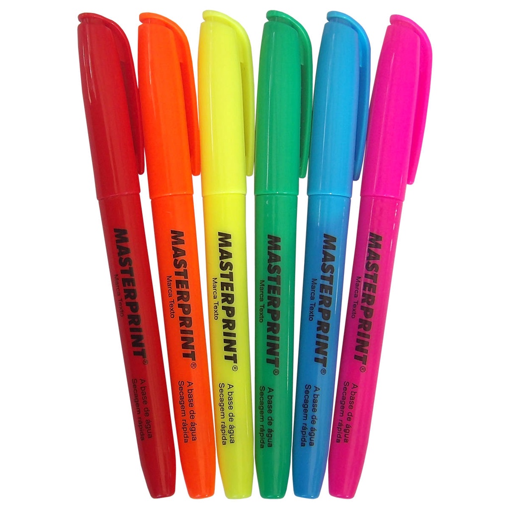 Kit 6 Cores Caneta Marca Texto com Ponta Chanfrada Masterprint MP612 Amarela Verde Azul Rosa Vermelh