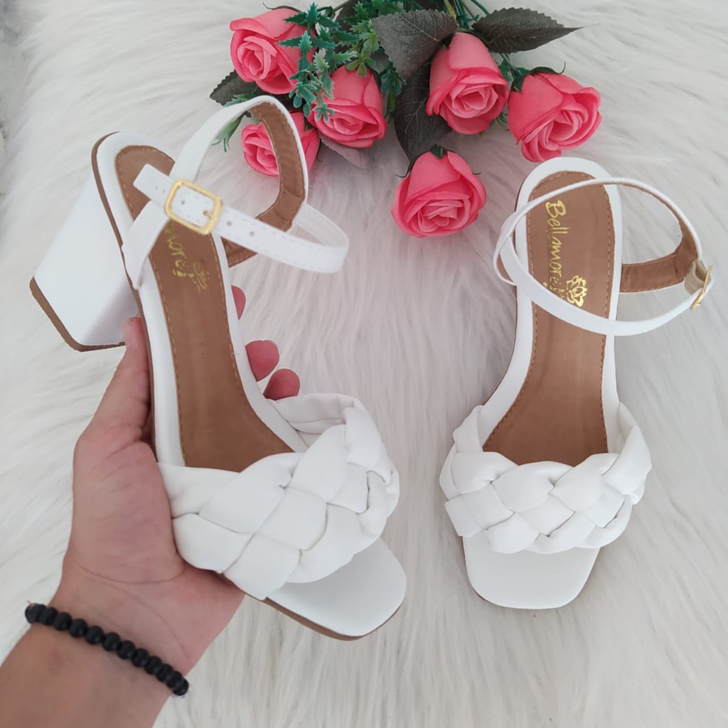 Sandalia Femenina Com Trança Salto Grosso Medio 7,5 cm Social Casamento Lançamento Confortável