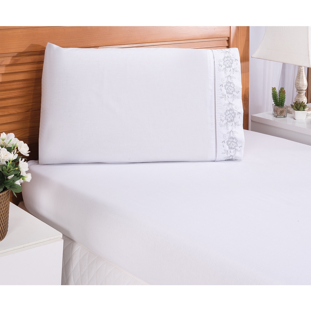 Jogo de Lençol Cama Box Solteiro Bordado Tulipa Branco 2pçs