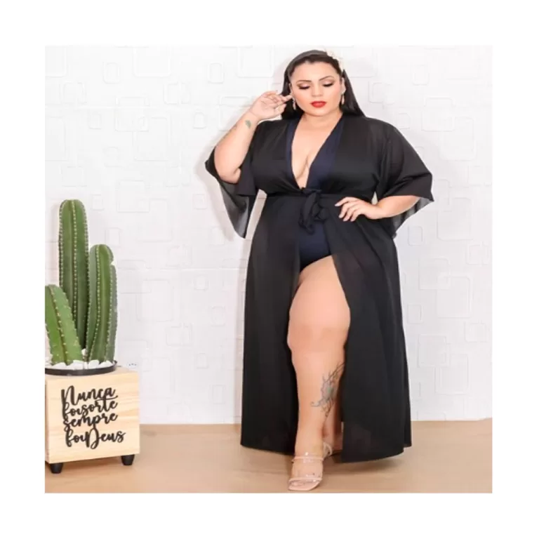 Saída Praia Longa Kimono Plus Size Manga Aberta