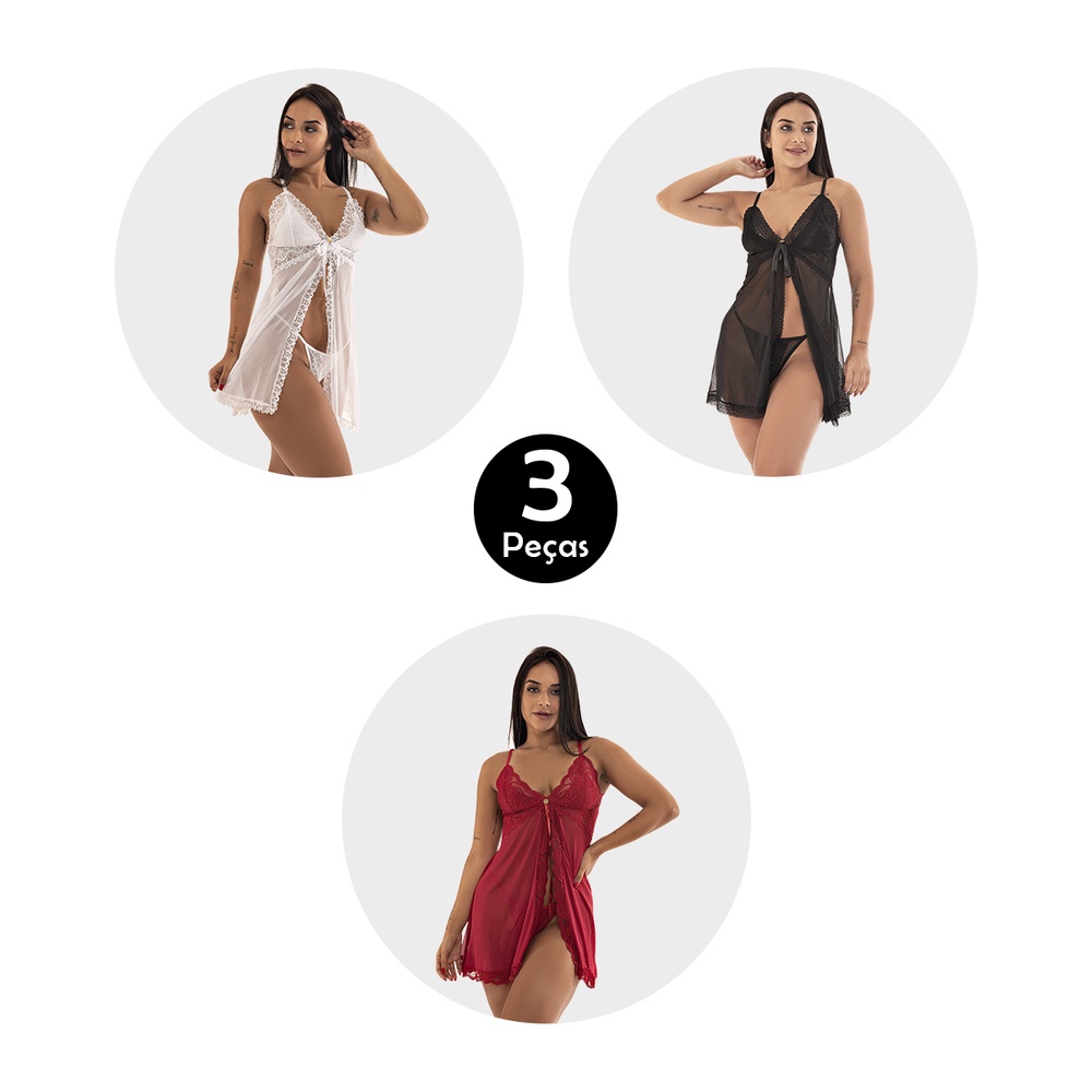 Kit 3 Camisola IMI Lingerie Aberta Fenda Tule Renda Calcinha Fio Dental Louise