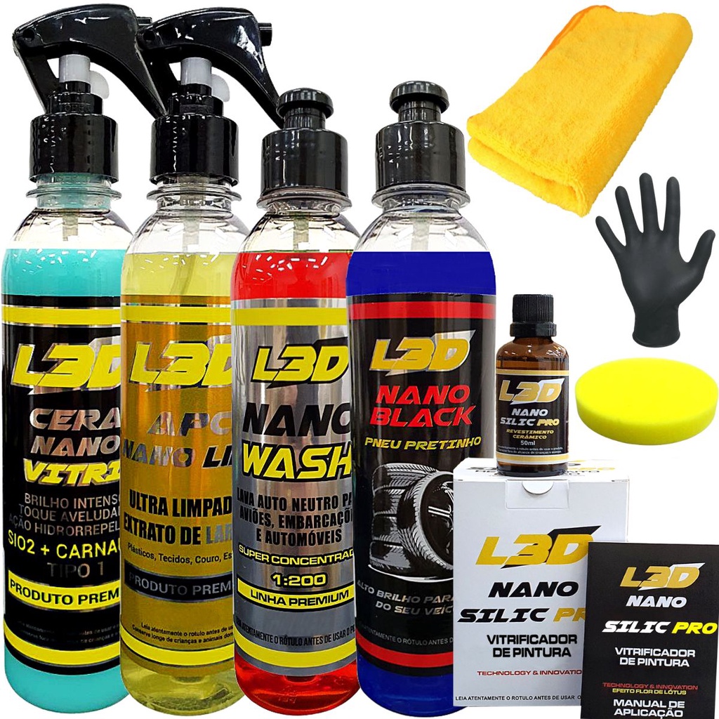 Kit Cera Automotiva Vitrificador Automotivo Pretinho  Shampoo  Aplicadores e Flanela