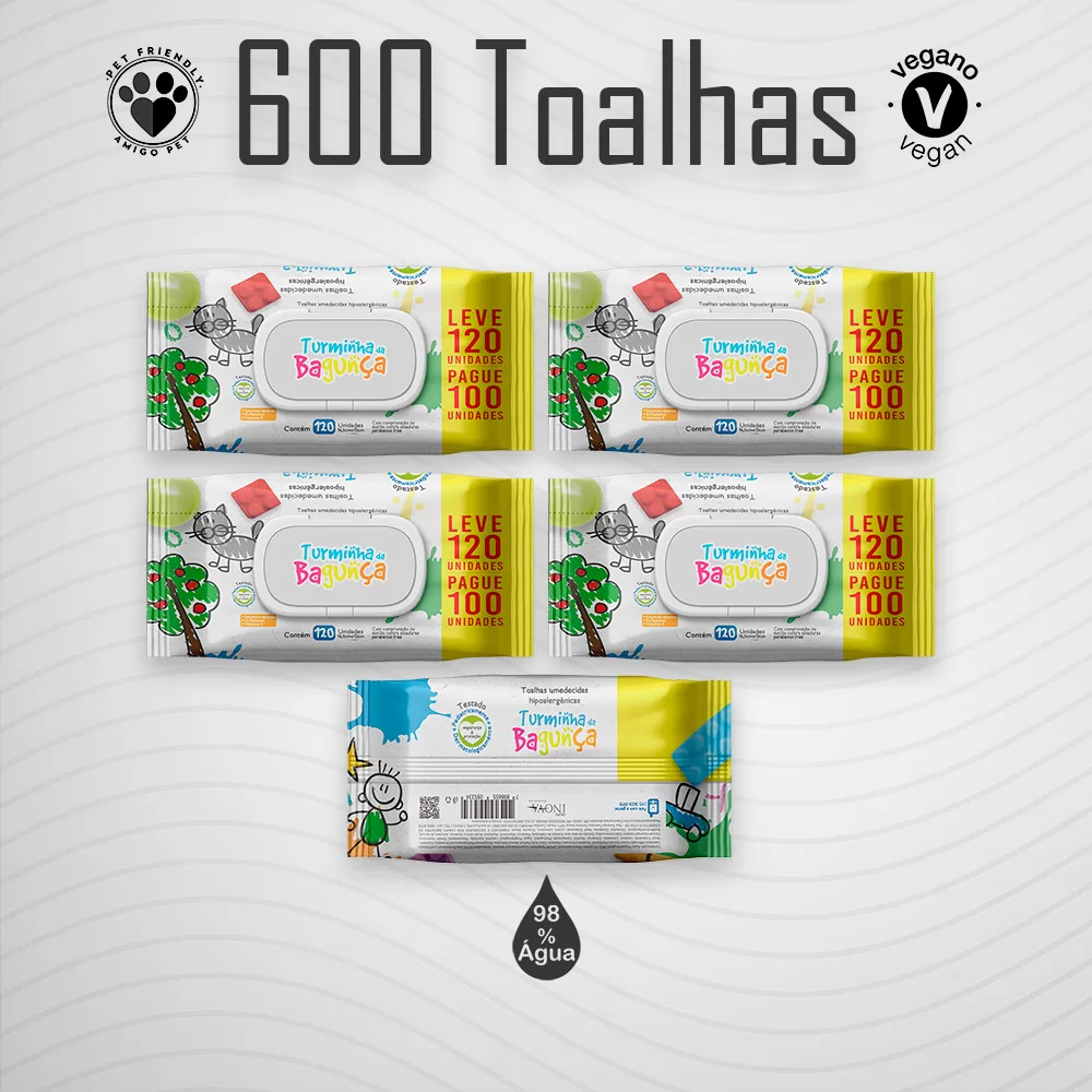 Kit 5 Toalhas Umedecidas Turminha da Bagunça 120 Folhas com Tampa Lenço Umedecido