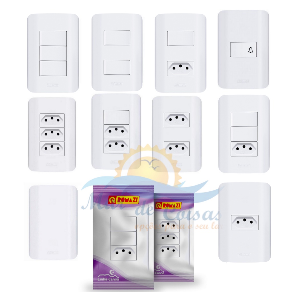 Tomadas 10A 20a Teclas Placas 4×2 e 4×4 Interruptores Romazi Linha Canoa Simples/Paralelo