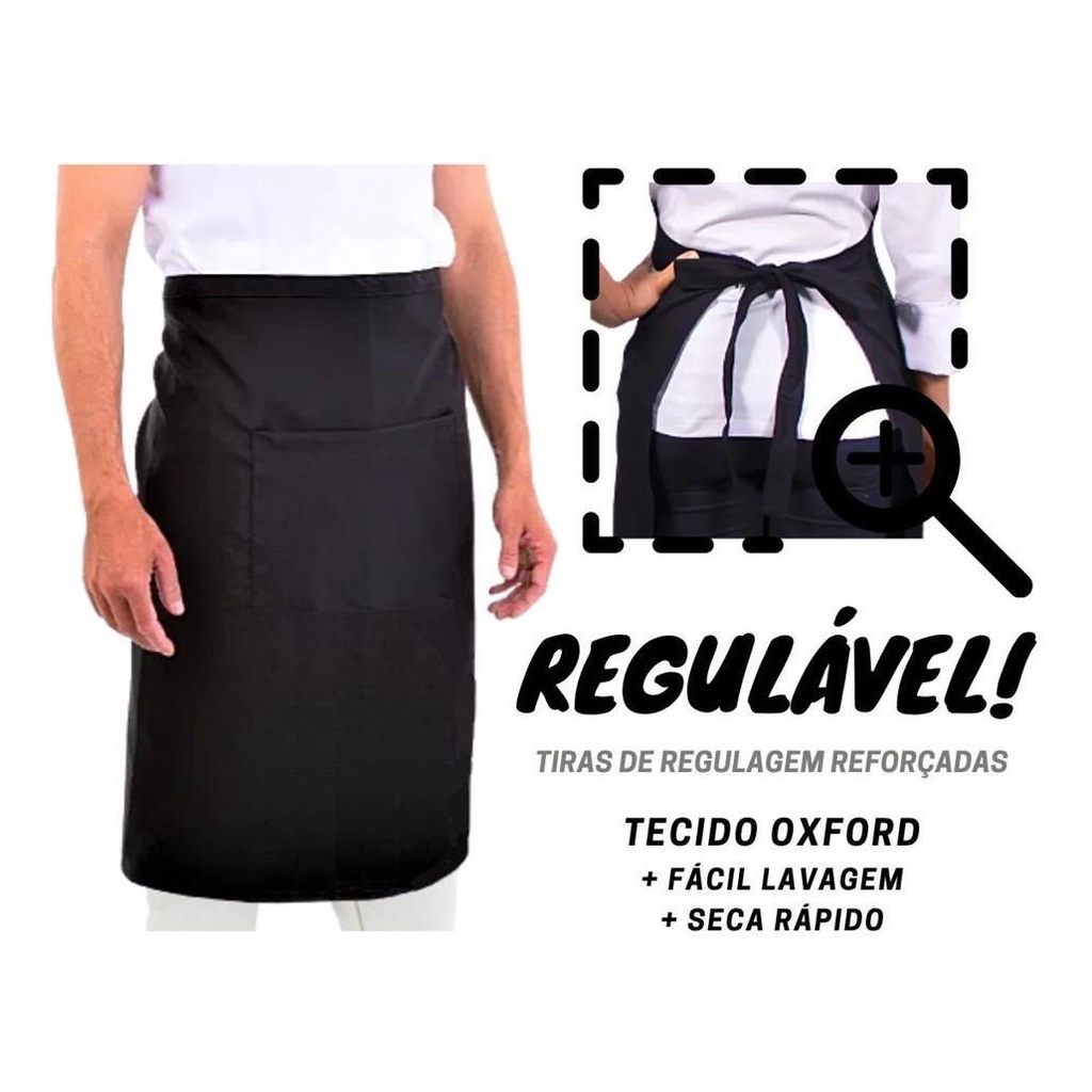 Meio Avental Saia De Cintura Com Bolso Preto Branco Oxford