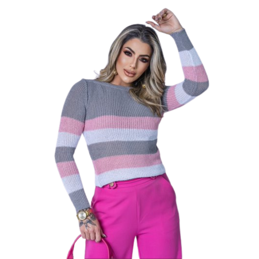 Blusa Feminina Suéter de Tricot Gola Redonda Manga Longa Inverno Tricô