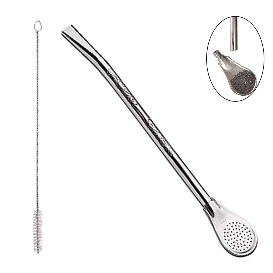 Bomba Chimarrão Mate Tererê 19cm Inox Desenhada Com Rosca Bojo Pera – 615 Taumer