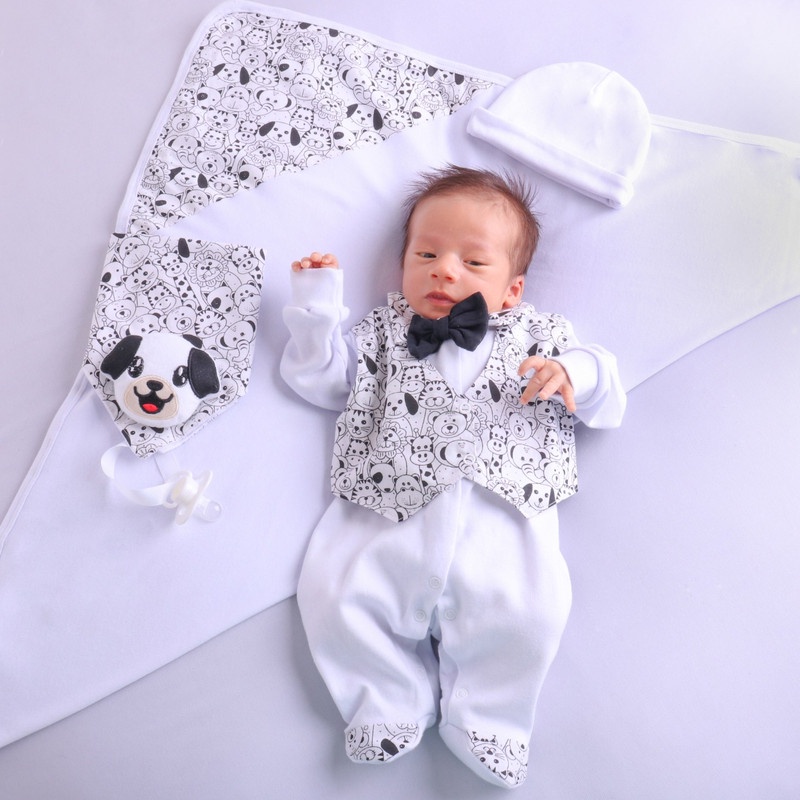 Kit Saída Maternidade 4 peças Colete Preta e Branca – Larissa Enxovais